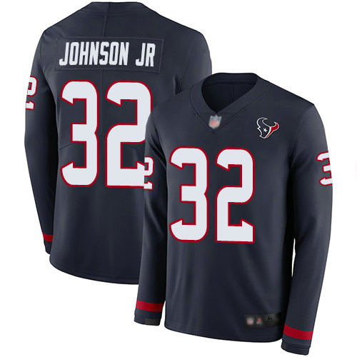 Texans #32 Lonnie Johnson Jr. Navy Blue Team Color Men's Stitched Football Limited Therma Long Sleeve Jersey