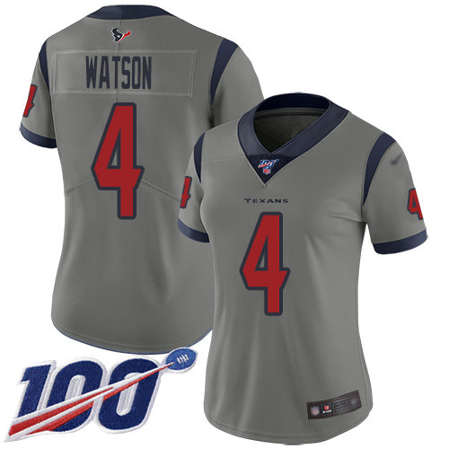 Texans #4 Deshaun Watson Gray Women's Stitched Football Limited Inverted Legend 100th Season Jersey