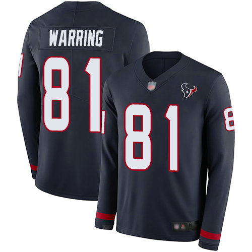 Texans #81 Kahale Warring Navy Blue Team Color Men's Stitched Football Limited Therma Long Sleeve Jersey