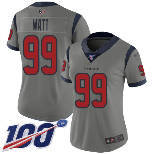 Texans #99 J.J. Watt Gray Women's Stitched Football Limited Inverted Legend 100th Season Jersey