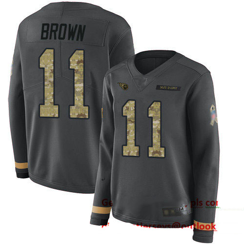 Titans #11 A.J. Brown Anthracite Salute to Service Women's Stitched Football Limited Therma Long Sleeve Jersey