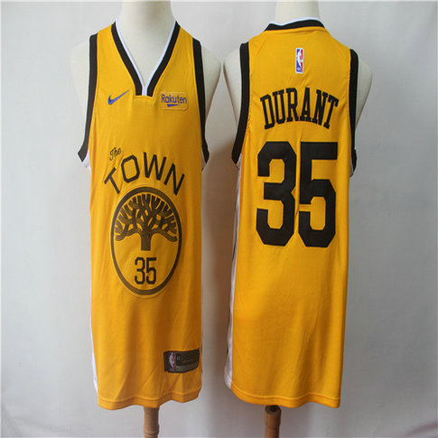 Warriors 35 Kevin Durant Yellow 2018 to 19 Earned Edition Nike Swingman Jersey