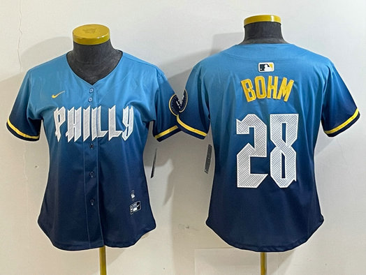 Women   Philadelphia Phillies #28 Alec Bohm Blue 2024 City Connect Limited Stitched Baseball Jersey 4