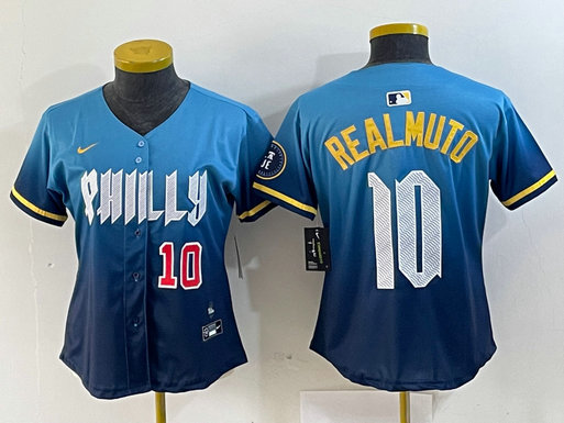 Women  Philadelphia Phillies #10 J.T. Realmuto Blue 2024 City Connect Limited Stitched Baseball Jersey 8