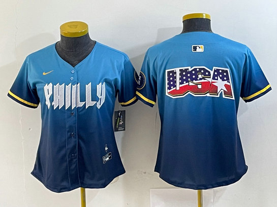 Women  Philadelphia Phillies Team Big Logo Blue 2024 City Connect Limited Stitched Baseball Jersey 1