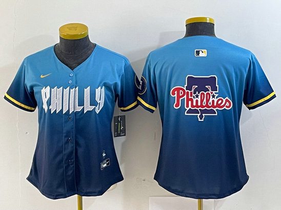 Women  Philadelphia Phillies Team Big Logo Blue 2024 City Connect Limited Stitched Baseball Jersey 3