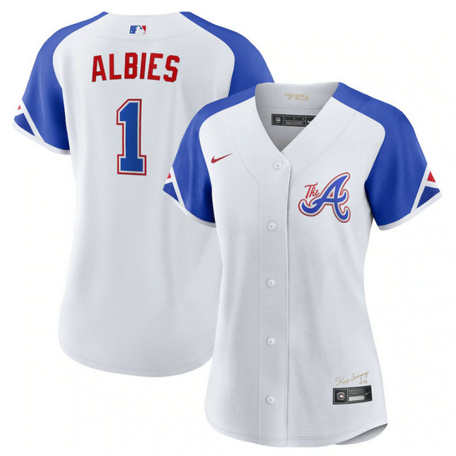 Women's Atlanta Braves #1 Ozzie Albies White 2023 City Connect Stitched Baseball Jersey
