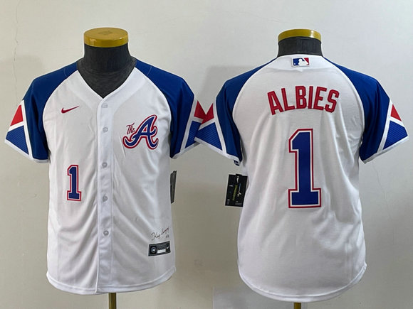 Women's Atlanta Braves #1 Ozzie Albies White 2023 City Connect With Patch Stitched Baseball Jersey