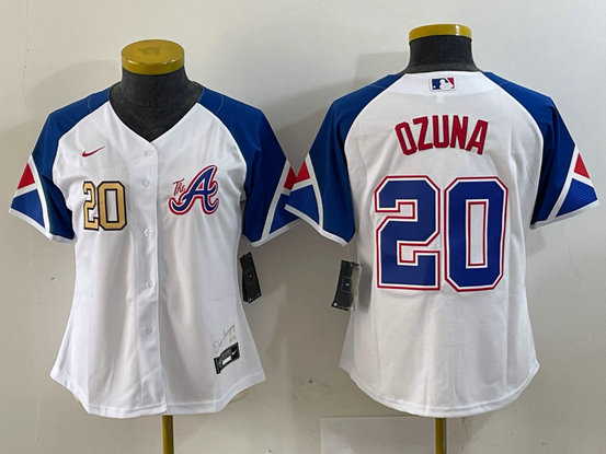 Women's Atlanta Braves #20 Marcell Ozuna White 2023 City Connect Stitched Baseball Jersey