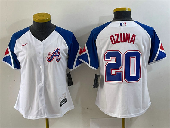 Women's Atlanta Braves #20 Marcell Ozuna White 2023 City Connect Stitched Baseball Jersey