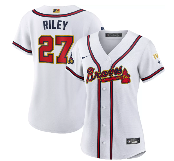 Women's Atlanta Braves #27 Austin Riley 2022 White Gold World Series Champions Program Stitched Jersey
