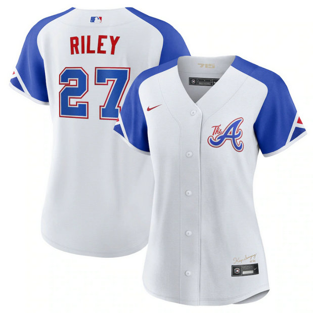 Women's Atlanta Braves #27 Austin Riley White 2023 City Connect Stitched Baseball Jersey