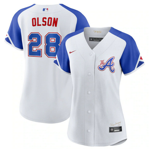 Women's Atlanta Braves #28 Matt Olson White 2023 City Connect Stitched Baseball Jersey