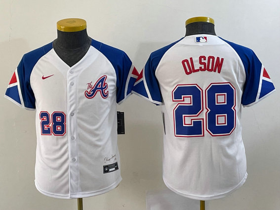 Women's Atlanta Braves #28 Matt Olson White 2023 City Connect With Patch Stitched Baseball Jersey