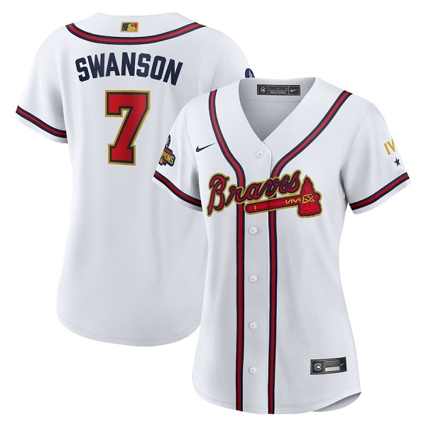 Women's Atlanta Braves #7 Dansby Swanson 2022 White Gold World Series Champions Program Stitched Jersey