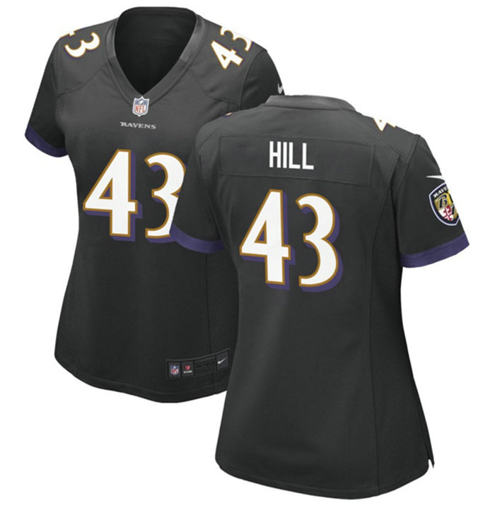 Women's Baltimore Ravens #43 Justice Hill Black Football Jersey