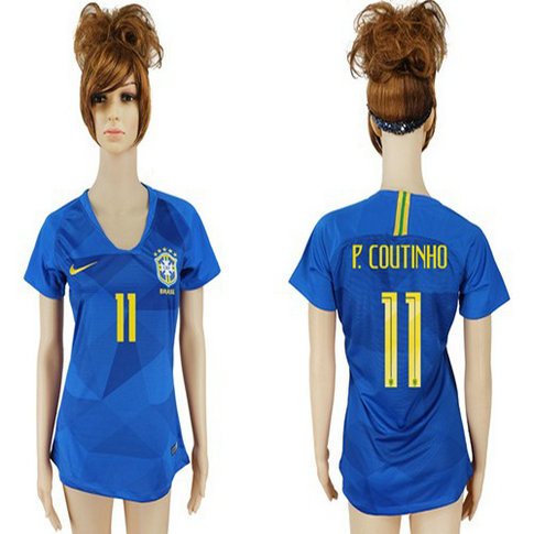 Women's Brazil #11 P.Coutinho Away Soccer Country Jersey1