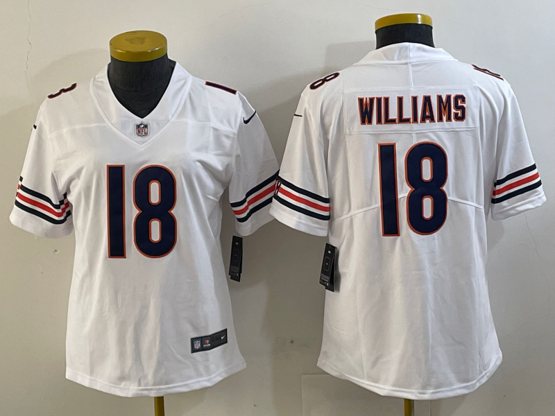 Women's Chicago Bears #18 Caleb Williams white 2024 Draft Vapor Stitched Jersey