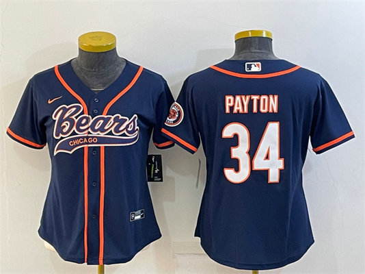 Women's Chicago Bears #34 Walter Payton Navy With Patch Cool Base Stitched Baseball Jersey(Run Small)