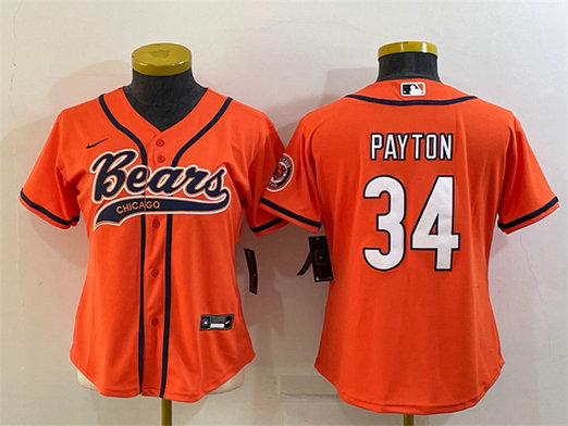 Women's Chicago Bears #34 Walter Payton Orange With Patch Cool Base Stitched Baseball Jersey(Run Small)
