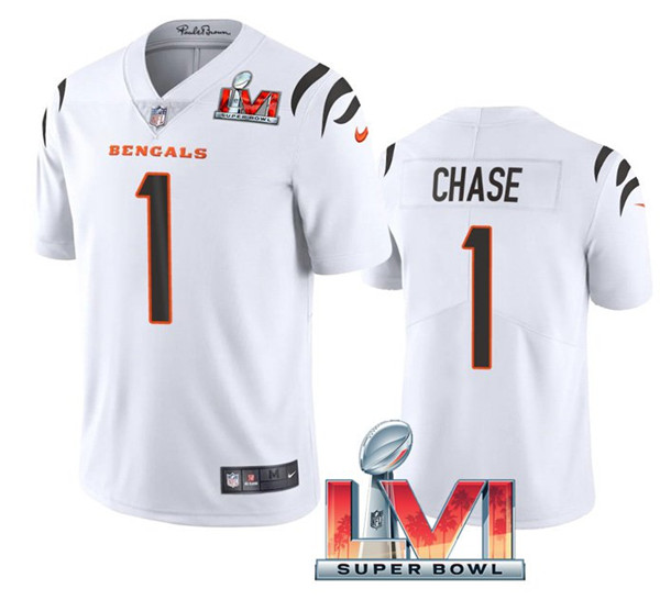 Women's Cincinnati Bengals #1 Ja'Marr Chase 2022 White Super Bowl LVI Vapor Limited Stitched Jersey