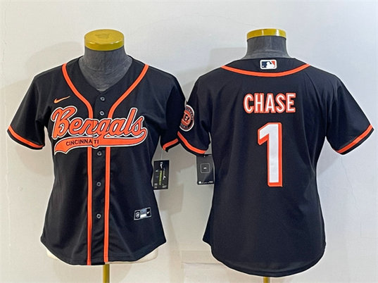Women's Cincinnati Bengals #1 Ja'Marr Chase Black With Patch Cool Base Stitched Baseball Jersey