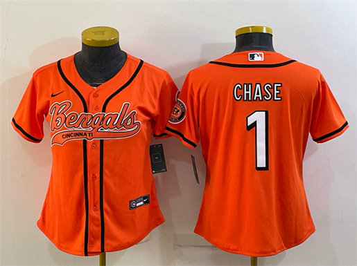 Women's Cincinnati Bengals #1 Ja'Marr Chase Orange With Patch Cool Base Stitched Baseball Jersey(Run Small)