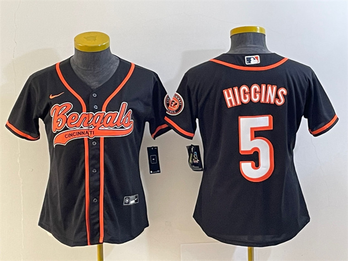 Women's Cincinnati Bengals #5 Tee Higgins Black With Patch Cool Base Stitched Baseball