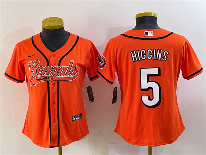 Women's Cincinnati Bengals #5 Tee Higgins Orange With Patch Cool Base Stitched Baseball