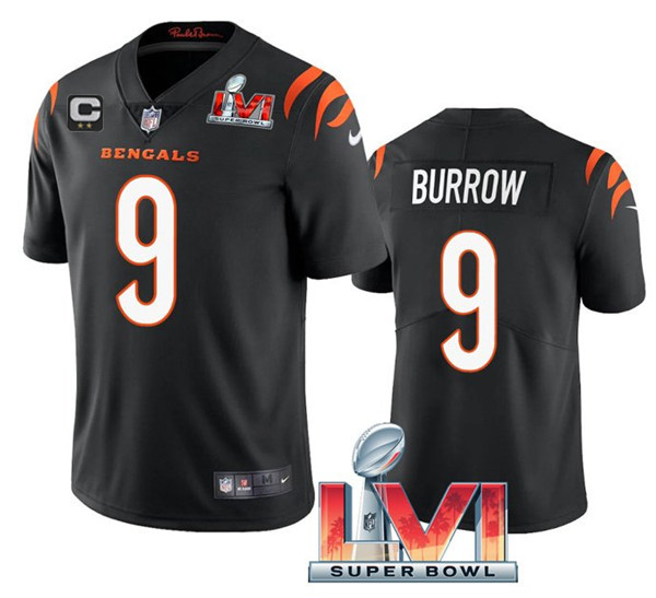 Women's Cincinnati Bengals #9 Joe Burrow 2022 Black With C Patch Super Bowl LVI Vapor Limited Stitched Jersey