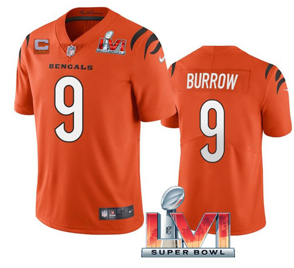 Women's Cincinnati Bengals #9 Joe Burrow 2022 Orange With C Patch Super Bowl LVI Vapor Limited Stitched Jersey