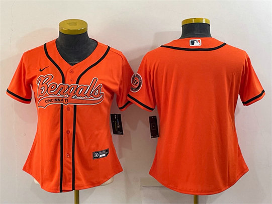 Women's Cincinnati Bengals Blank Orange With Patch Cool Base Stitched Baseball Jersey(Run Small)