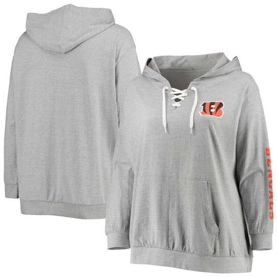 Women's Cincinnati Bengals Heathered Gray Plus Size Lace-Up Pullover Hoodie