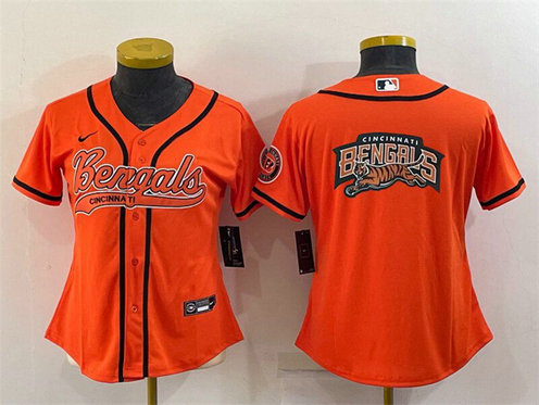 Women's Cincinnati Bengals Orange Team Big Logo With Patch Cool Base Stitched Baseball Jersey(Run Small)