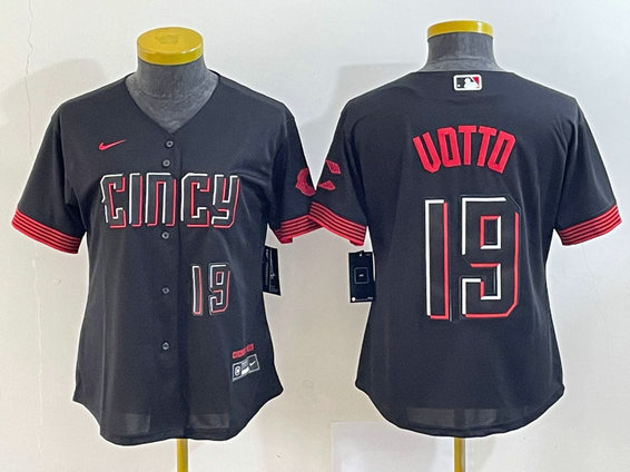 Women's Cincinnati Reds #19 Joey Votto Black 2023 City Connect With Patch Stitched Baseball Jersey
