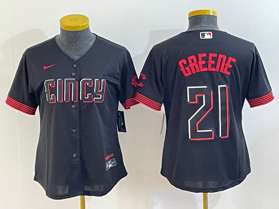 Women's Cincinnati Reds #21 Hunter Greene Black 2023 City Connect Stitched Baseball Jersey