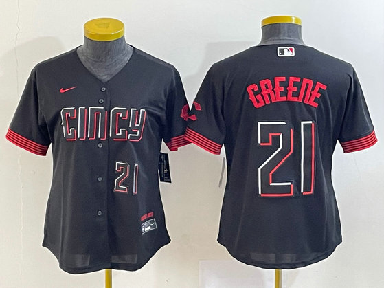 Women's Cincinnati Reds #21 Hunter Greene Black 2023 City Connect With Patch Stitched Baseball Jersey
