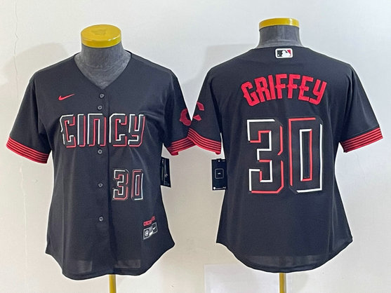 Women's Cincinnati Reds #30 Ken Griffey Jr. Black 2023 City Connect With Patch Stitched Baseball Jersey