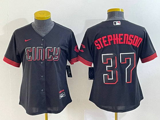 Women's Cincinnati Reds #37 Tyler Stephenson Black 2023 City Connect Stitched Baseball Jersey