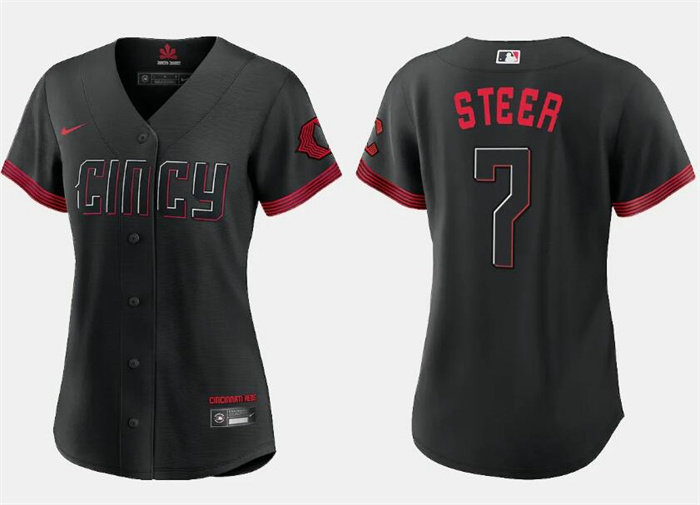 Women's Cincinnati Reds #7 Spencer Steer Black 2023 City Connect Stitched Baseball Jersey