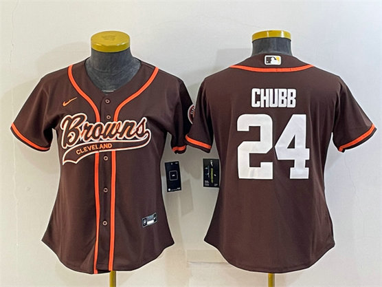 Women's Cleveland Browns #24 Nick Chubb Brown With Patch Cool Base Stitched Baseball Jersey