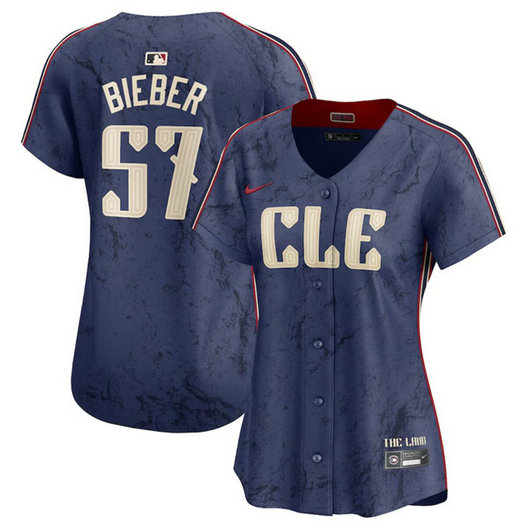 Women's Cleveland Guardians #57 Shane Bieber Navy 2024 City Connect Stitched Baseball Jersey