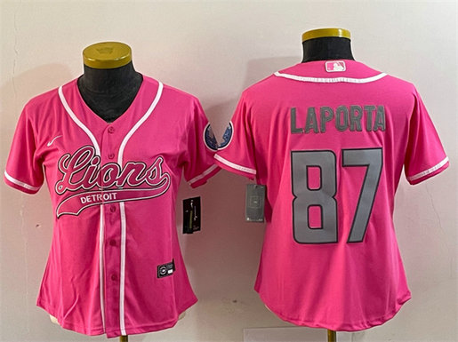 Women's Detroit Lions #87 Sam LaPorta Pink With Patch Cool Base Stitched Baseball Jersey