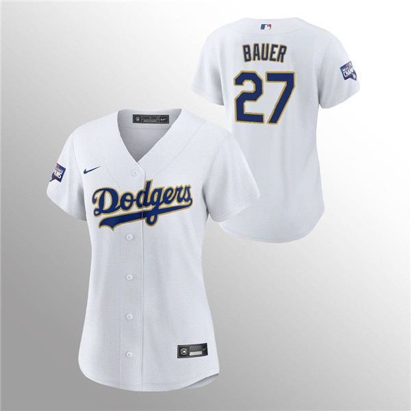 Women's Dodgers #27 Trevor Bauer White 2021 Gold Program Replica Jersey