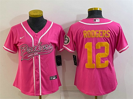 Women's Green Bay Packers #12 Aaron Rodgers Pink Gold With Patch Cool Base Stitched Baseball Jersey