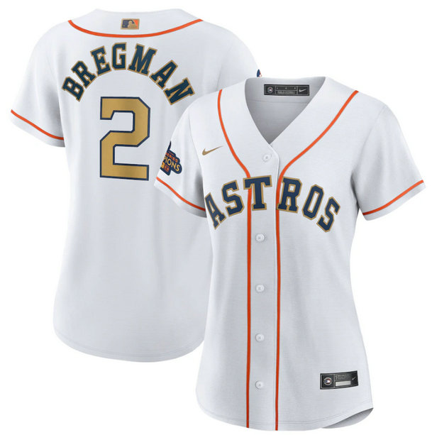 Women's Houston Astros #2 Alex Bregman White 2023 Gold Collection With World Serise Champions Patch Stitched Jersey