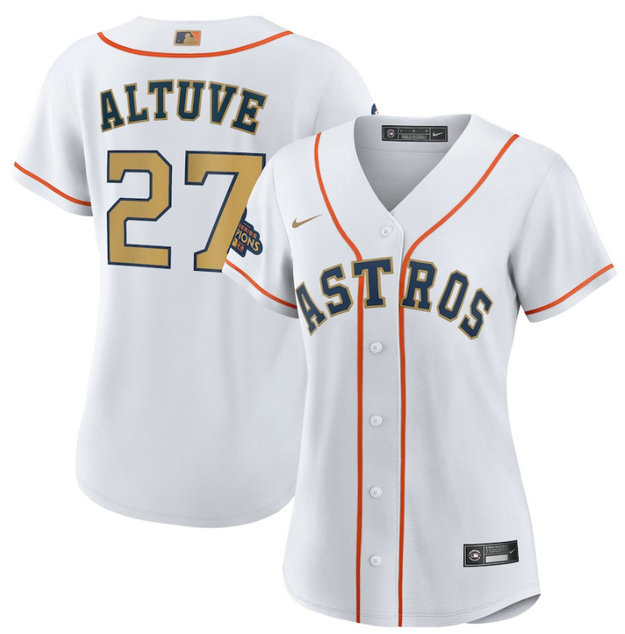 Women's Houston Astros #27 Jose Altuve White 2023 Gold Collection With World Serise Champions Patch Stitched Jersey