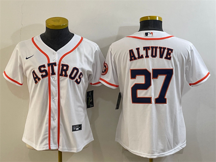Women's Houston Astros #27 Jose Altuve White With Patch Cool Base Stitched Baseball Jersey 1
