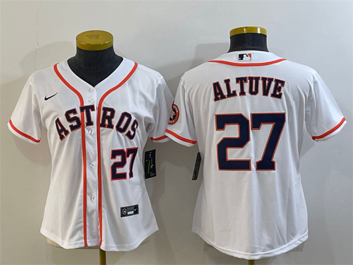 Women's Houston Astros #27 Jose Altuve White With Patch Cool Base Stitched Baseball Jersey