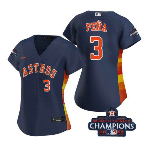 Women's Houston Astros #3 Jeremy Pena Navy 2022 World Series Champions With No. In Front Stitched Baseball Jersey